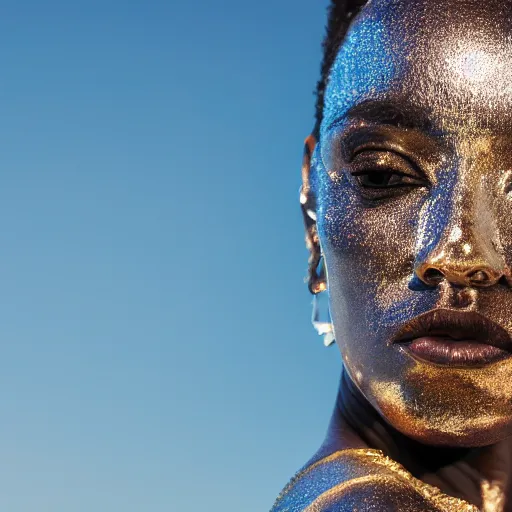 Image similar to portrait of metallic face, african woman, proud looking away, liquid metal, mercury, outdoor, blue sky, nature, 8 k, realistic, depth of field, highly detailed, award winning photography