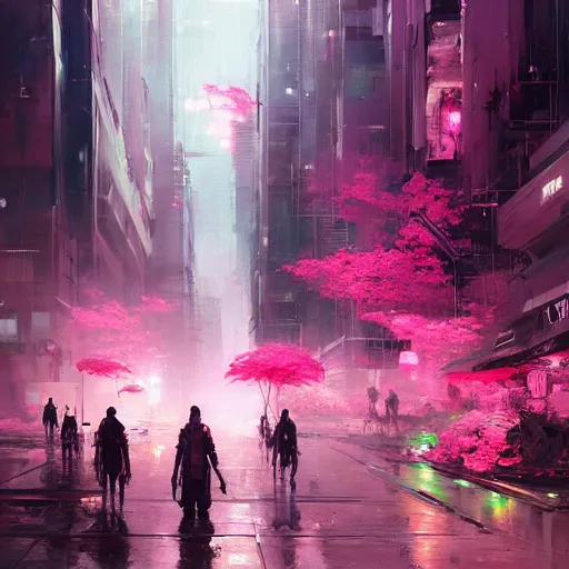 Image similar to a painting of a city street with pink flowers, cyberpunk art by wadim kashin, cgsociety, panfuturism, cityscape, dystopian art, anime aesthetic
