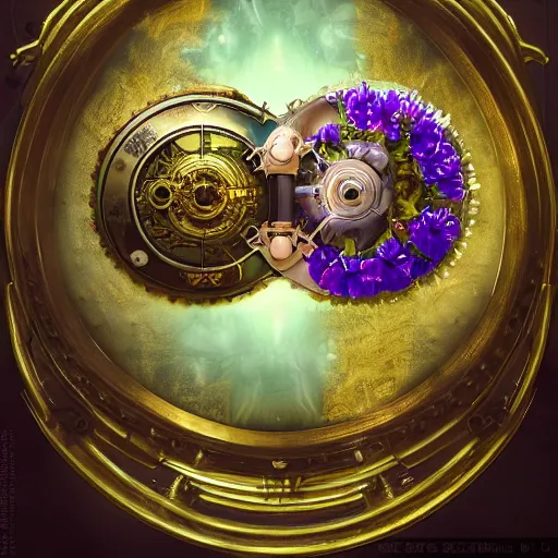 Prompt: a beautiful ultradetailed fine art RPG portrait photo of a mechanical industrial steampunk yin yang symbol, overgrown with morning glory flowers, montsera leaves by tom bagshaw and zach sutton, golden ratio composition, soft studio lighting, soft vignette, 50mm lens, very detailed, bionic, cybernetic scifi, deep depth of field, artstation, 8K, highly coherent