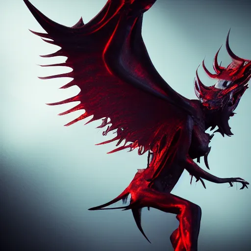 Image similar to abstract shadow demon with wings red hunter eyes, highly realistic photo realistic octane render blender highly detailed 8 k