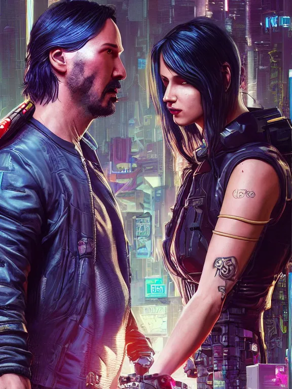 Image similar to a cyberpunk 2077 portrait of Keanu Reeves and V began a love story , electric cable , giant computer,film lighting,by laurie greasley,Lawrence Alma-Tadema,William Morris,Dan Mumford,trending on atrstation,FAN ART,full of color,Digital painting,face enhance,highly detailed,8K, octane,golden ratio,cinematic lighting