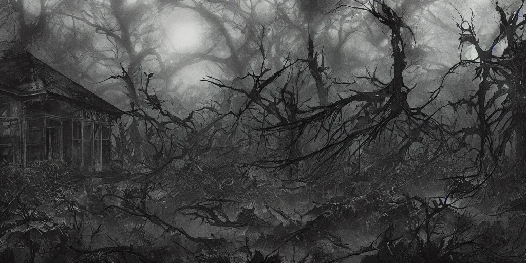 Prompt: photorealistic, ruined english bungalow at night, overgrown vegetation, in the forest, apocalypse, very dark, fog, skinny evil creatures, hell scape, horrifying, hyperrealistic, grimdark, art by tsutomu nihei