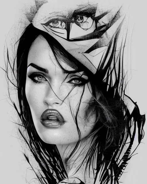 Prompt: megan fox face mash up with beautiful mountains, in the style of dan mountford, tattoo sketch, double exposure, hyper realistic, amazing detail, black and white