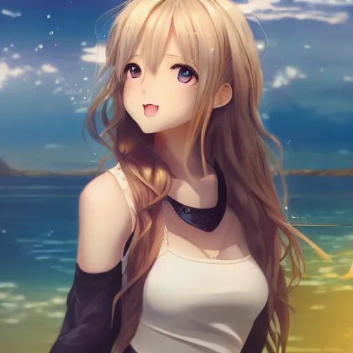 Image similar to a very beautiful anime cute girl, full body, long wavy blond hair, sky blue eyes, full round face, short smile, fancy top, miniskirt, summer lake setting, medium shot, mid-shot, highly detailed, cinematic wallpaper by Stanley Artgerm Lau