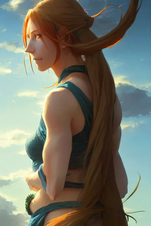 Image similar to long ginger hair, tanned woman in a prehistoric outfit, green eyes, by artgerm, hair tied in a ponytail, white backdrop, soft lighting, blue colors, by greg rutkowski makoto shinkai takashi takeuchi