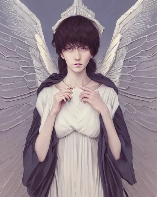 Image similar to an infinitely detailed portrait of a frail and pale female peace angel fully clothed. elegant clothes full - body, beautiful! scenery art!! coherent! by wlop & murata range, by ilya kuvshinov. victorian armor. artstation!! / pixiv!! elegantly armored angel portrait full - body, dreamy art