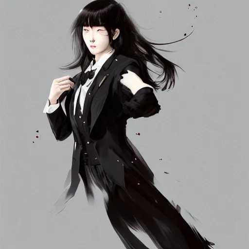 Image similar to portrait of a beautiful korean girl wearing a men's tuxedo, with bangs, very long hair and bangs, angular features, angry expression, dramatic lighting, illustration by Greg rutkowski, yoji shinkawa, 4k, digital art, concept art, trending on artstation