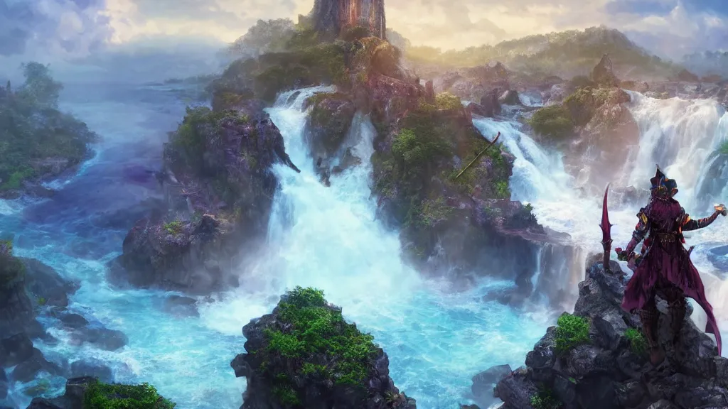 Image similar to A Fantasy Warrior, standing on a cliffside, beside a beautiful colourful waterfall, over looking a large Fantasy city in the middle of the ocean, trending artstation, 8k, highly detailed, matte painting, concept art, over the shoulder wide shot