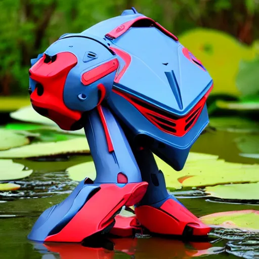 Image similar to evangelion combat mecha with a realistic nymphaea waterlily head stepping out of a pond holding sci - fi weapons. floral amphibious power armor with waterlily helmet and hard surface exoskeleton. bandai box art, 8 k hd resolution, r / mecha