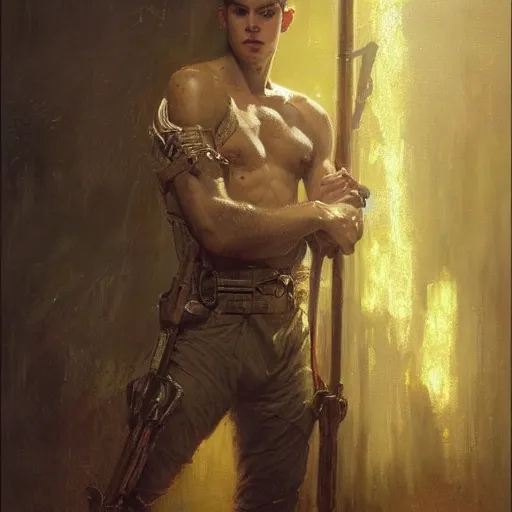 Image similar to handsome portrait of a young guy fitness posing, war hero, lanky, radiant light, caustics, reflective light, by gaston bussiere, bayard wu, greg rutkowski, giger, maxim verehin