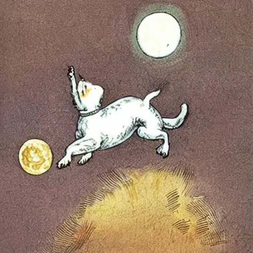 Prompt: jack russel terrier jumping over the moon, the moon is surprised and looking up at the dog, illustrated by peggy fortnum and beatrix potter and sir john tenniel