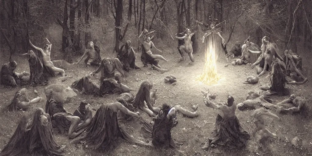 Prompt: occultist satanic cult of several people circling a pentagram of fire, in the center there is a powerful demon entity, in the woods, ominous, creepy, terrifying, nightmare, hellish, art by artem demura, william bouguereau, leonardo davinci, salvador dali, anton semenov, ross tran