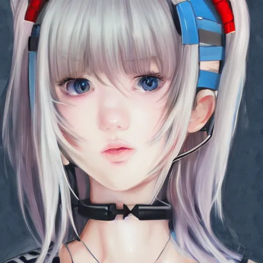 Image similar to realistic detailed semirealism beautiful gorgeous buxom hot girl natural cute excited happy realistic Blackpink Lalisa Manoban white hair white cat ears blue eyes, wearing apron, headphones, black leather choker realistic artwork drawn full HD 4K high resolution quality artstyle professional artists WLOP, Aztodio, Taejune Kim, Guweiz, Pixiv, Instagram, Artstation