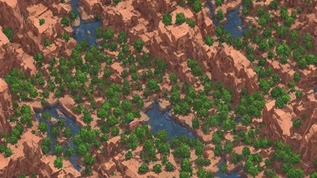 Prompt: ! dream aerial isometric view of a great canyon filled with resources, art from a resource gathering game