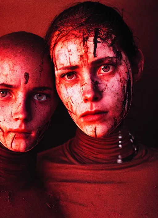 Image similar to cinestill 5 0 d photographic portrait by steve mccurry of two loving female androids wearing rugged black mesh techwear in a brutalist compound with a red sky, extreme closeup, cyberpunk style, dust storm, 8 k, hd, high resolution, 3 5 mm, f / 3 2, ultra realistic faces, ex machina