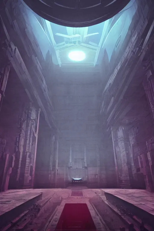 Image similar to Artwork by Beeple of the cinematic view of the Hall of Iron Agony, Infernal, Writings.