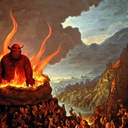 Image similar to baroque oil painting of shrek standing in hell, overcast, evil, lava and fire