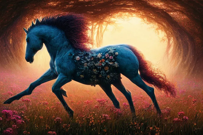 Prompt: a stunning digital painting of a horse made of instricately engraved gnarled wood with a mane of bioluminescent flowers running through a field of flowers by greg rutkowski, flowercore, volumetric light, digital art, fine detail, photorealistic