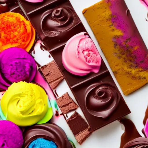 Prompt: colorful icecream, chocolate, icing, sweet, topping, very detailed, food photography, 4 k