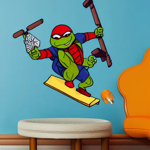 Image similar to svg sticker art of a teenage-mutant-ninja-turtle, flying towards the camera armed with nun-chucks