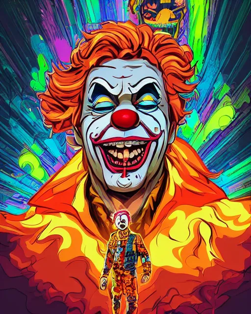 Prompt: a portrait of a clown, video game vector cutout illustration vivid multicolor borderlands comics by josan gonzales and dan mumford radiating a glowing aura