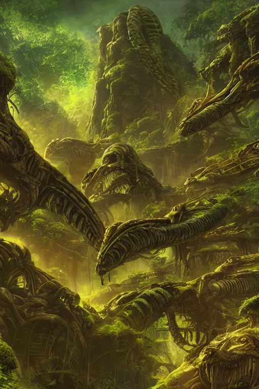 Image similar to alien hive in the exotic jungle, landscape, alex ross, neal adams, david finch, concept art, matte painting, highly detailed, rule of thirds, dynamic lighting, cinematic, detailed, denoised, centerd