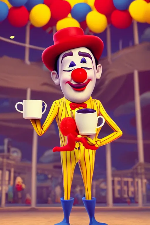 Image similar to portrait of a clown holding a cup of coffee with the circus in background, full body. pixar disney 4 k 3 d render funny animation movie oscar winning trending on artstation and behance