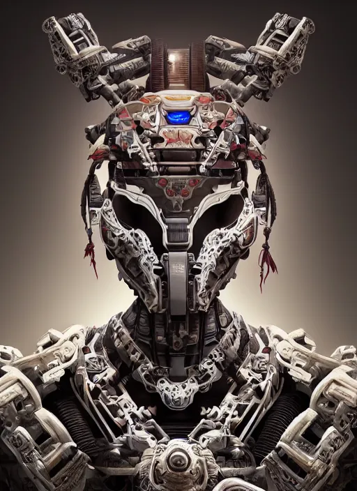 Image similar to portrait of a machine from horizon zero dawn, machine face, upper body, decorated with chinese opera motifs, asian, traditional chinese art, intricate, elegant, highly detailed, digital painting, artstation, concept art, smooth, sharp focus, illustration, art by artgerm and greg rutkowski and alphonse mucha, 8 k