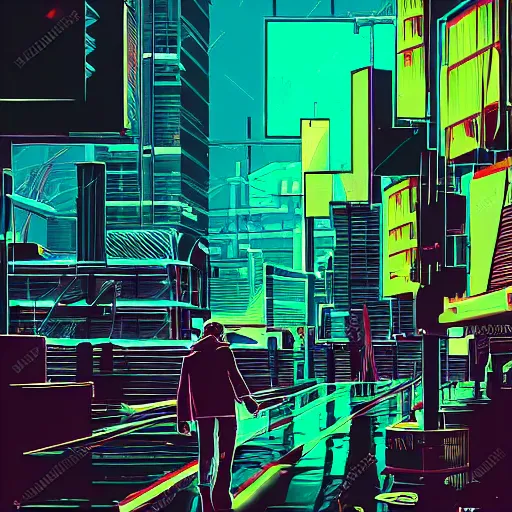 Prompt: walter white in a synthwave cyberpunk city at night, walking on a rainy street, concept art, digital