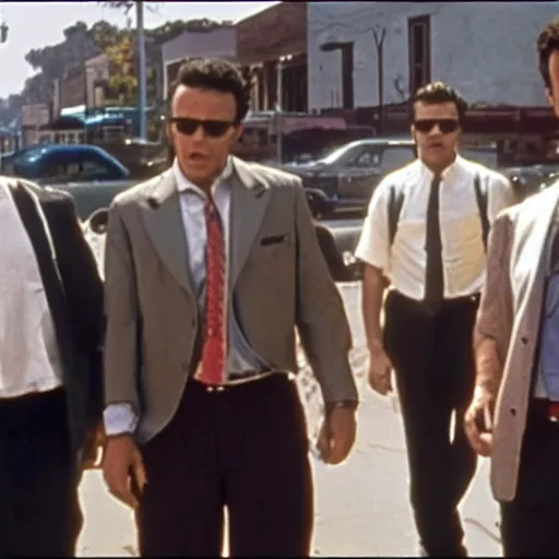 Image similar to six thugs, who are strangers to each other, are hired by a crime boss, joe cabot, to carry out a diamond robbery, cinematic light, movie scene, reservoir dogs, tarantino