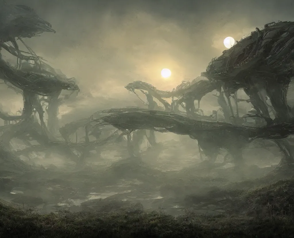 Prompt: biotechnological city, sunken halfway into a swamp on an alien planet, sunset, atmospheric lighting, fog, concept art, highly detailed