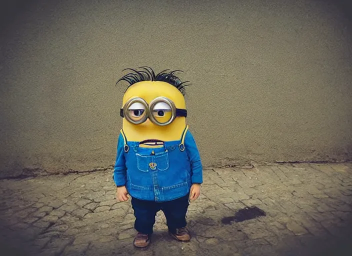 Image similar to professional fine detailed photo portrait of young minion from makhachkala, dagestan. kid minion in the postsoviet suburbia, iphone photo, instagram, color