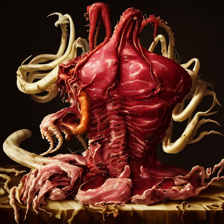 Image similar to still life of rotten meat flesh, white xenomorph, beautiful tropical flowers, human spine, colorful mold, baroque painting, beautiful detailed intricate insanely detailed octane render, 8K artistic photography, photorealistic, chiaroscuro, Raphael, Caravaggio