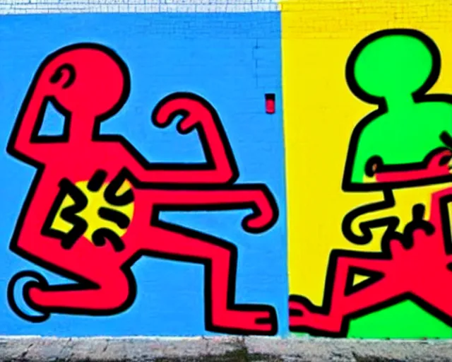 Image similar to gilberto gil street art by keith haring. gilberto gil smiling, eyes closed. bright blue background