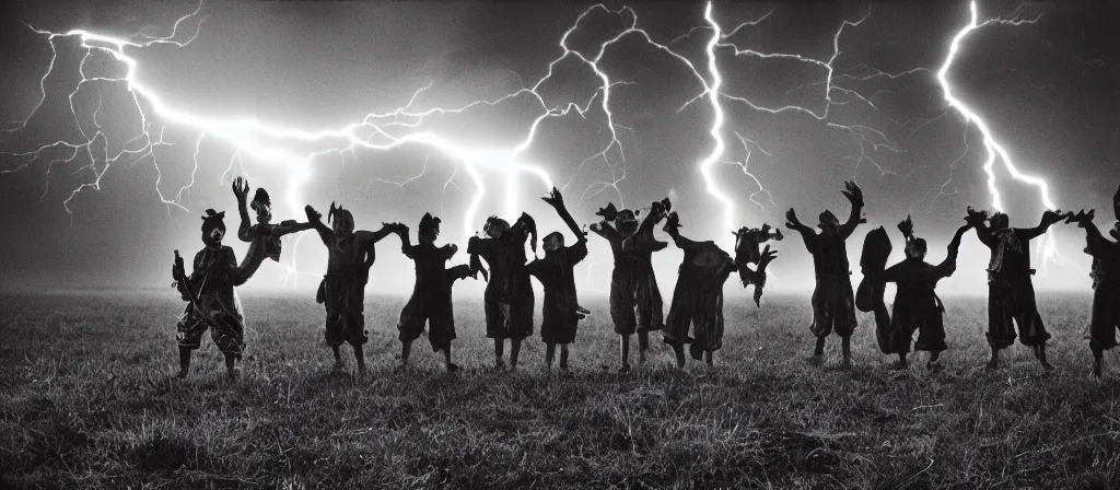 Image similar to 1 3 mm film photograph of a group of clowns in a field holding machetes, liminal, dark, thunderstorm lightning, dark, flash on, blurry, grainy, unsettling