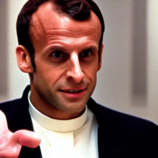 Image similar to Emmanuel Macron as a priest in American Psycho (1999)