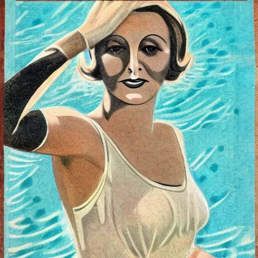 Prompt: a 1 9 2 8 cover of vogue. happy, healthy, beautiful, smiling, young, sporty, glowing greta garbo in decent swim wear. realistic detailed drawing