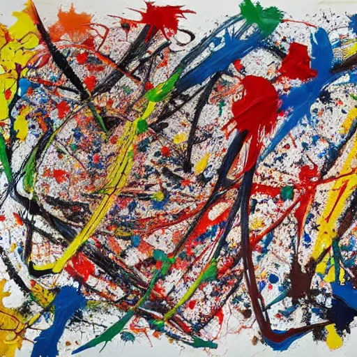 Image similar to a painting with lots of paint splattered on it, an abstract painting by pollock, pixiv, gutai group, artwork, academic art, official art