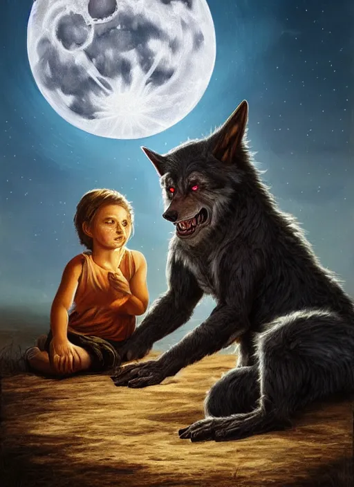 Image similar to a realistic painting of a werewolf at night sitting next to a human child in front of full moon, fantasy art, matte painting, highly detailed