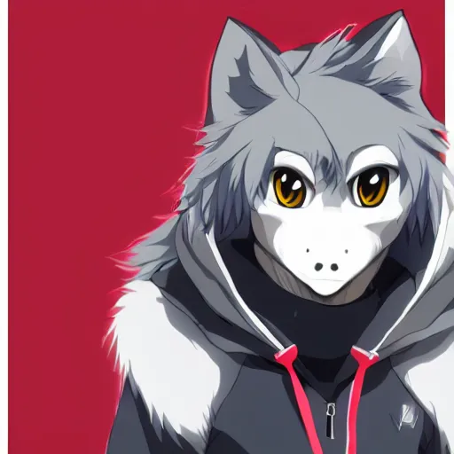 Image similar to key anime visual portrait of a handsome male anthro wolf furry fursona with beautiful eyes, wearing a hoodie, official modern animation