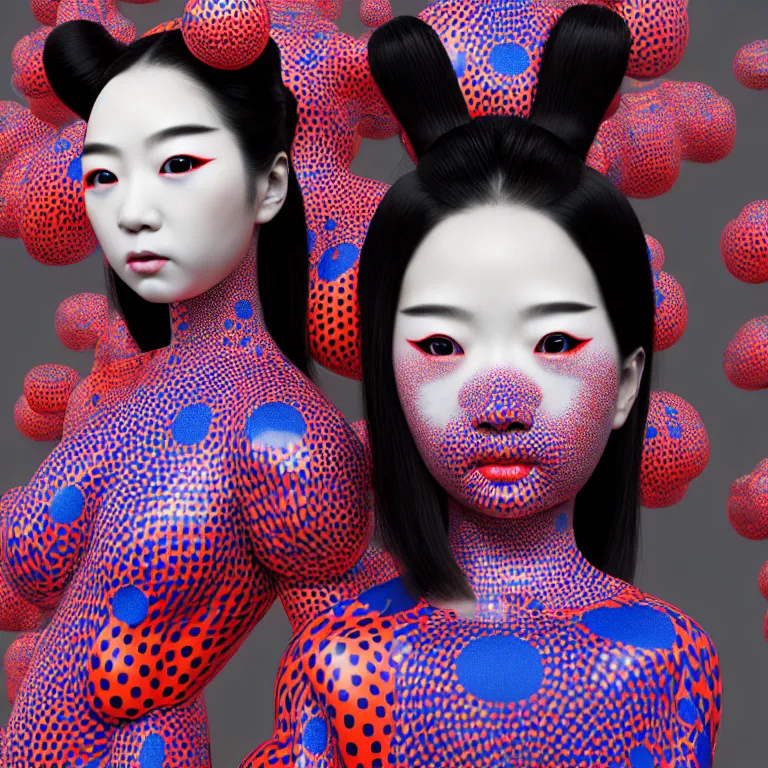 Image similar to hyperrealistic detailed image of a geisha in a art installation room, hd smooth interior by yayoi kusama, part by kei mieno, part by ross tran, dark art by james jean, ultra realistic, highly detailed, life like face, detailed body, 8 k, 3 d render by roger magrini, masterpiece