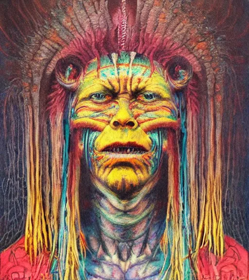 Image similar to Portrait painting in a style of Beksinski mixed with Alex Grey of an old shaman dressed in a colorful traditional clothes. Symmetry