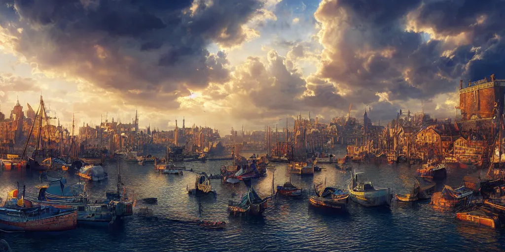 Image similar to beautiful seventeenth century harbour city, vivid colors, gorgeous clouds, god rays, digital art, landscape, fantasy art, octane render, ureal engine, high detail, very realistic, by derek riggs \