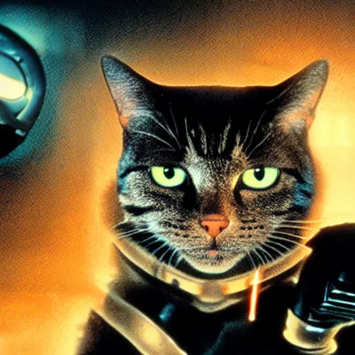 Prompt: a still of a cat as the terminator ( 1 9 8 4 ), glowing eyes metallic