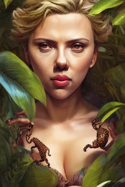 Image similar to Scarlett Johansson as the Queen of the Jungle, anatomy, only two hands, highly detailed, digital painting, artstation, concept art, smooth, sharp focus, illustration, Unreal Engine 5, 8K, art by art by artgerm and greg rutkowski and edgar maxence