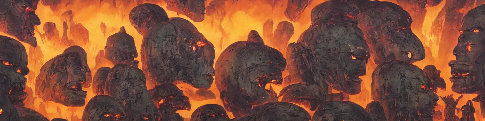 Image similar to sidescrolling shmup science fiction background fire theme and moai heads by frank frazetta