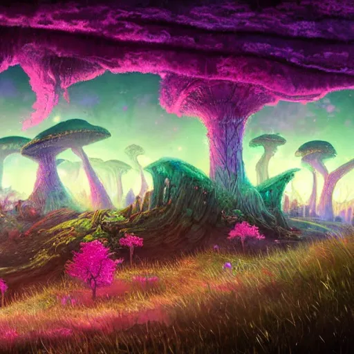 Image similar to concept art painting of a fantasy alien fungal landscape at night, magenta trees, glowing blue mushrooms, houses made of fungus, dark purple sky, realistic, detailed, cel shaded, in the style of makoto shinkai and greg rutkowski and albert bierstadt and james gurney