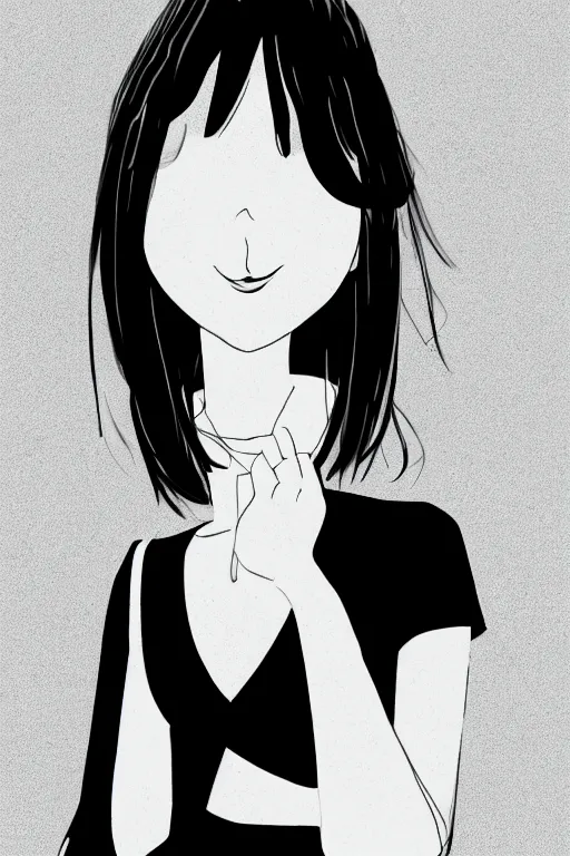 Prompt: portrait of a girl in long pants and a top, hands in pockets, eyes closed, bob haircut, digital art, black and white, manga style