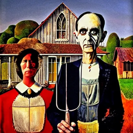 Prompt: alice cooper and salvador dali in in the style of american gothic