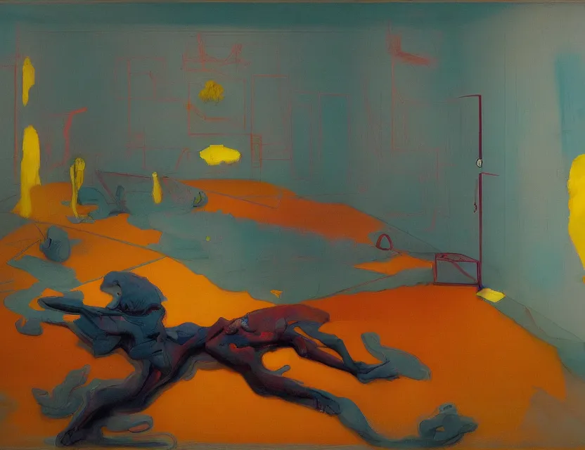 Prompt: beds of shadows, people trapped in the void of empty rooms, style of James Jean, Edward Hopper, of Todd Hido, Peter Mohrbacher, eerie vibrating color palette of Mark Rothko, Frank Auerbach, Greg Rutkowski, Peter Doig, color palette of Peter Doig paintings
